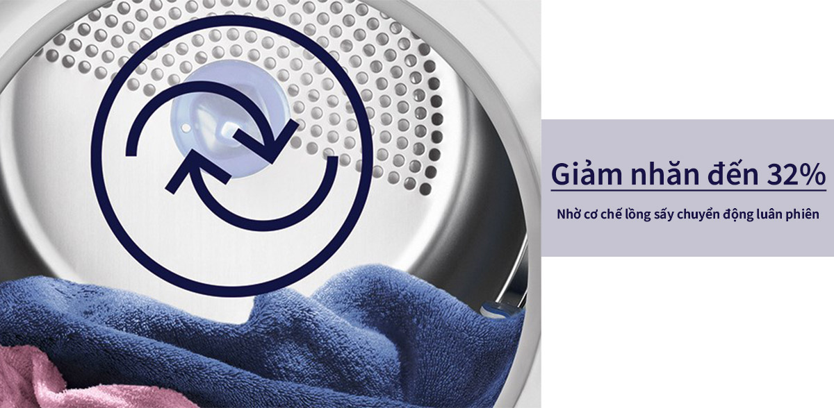 Nhờ chuyển động lồng giặt luân phiên, máy sấy ngưng tụ Electrolux EDC804P5WB giúp quần áo giảm nhăn đáng kể